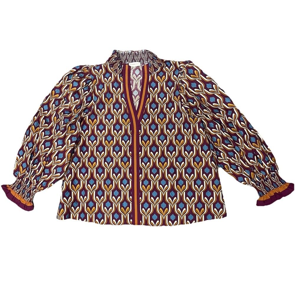 Entro Women’s Blouse Size 1X Geometric Marigold Mirage 100% Cotton Smocked Retro